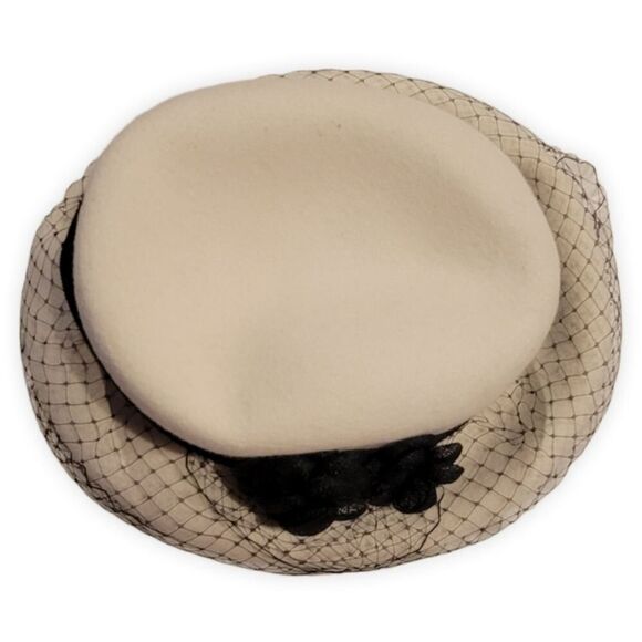 Vincent Wu Vintage Ivory Wool Derby Hat with Black Floral & Mesh Trim main image 7
